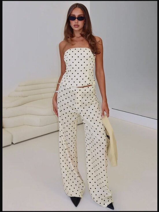Princess Polly Pants - Princess Polly Powdered Sugar Polka Dot Strapless Top Wide Leg Pants Set $78.00
